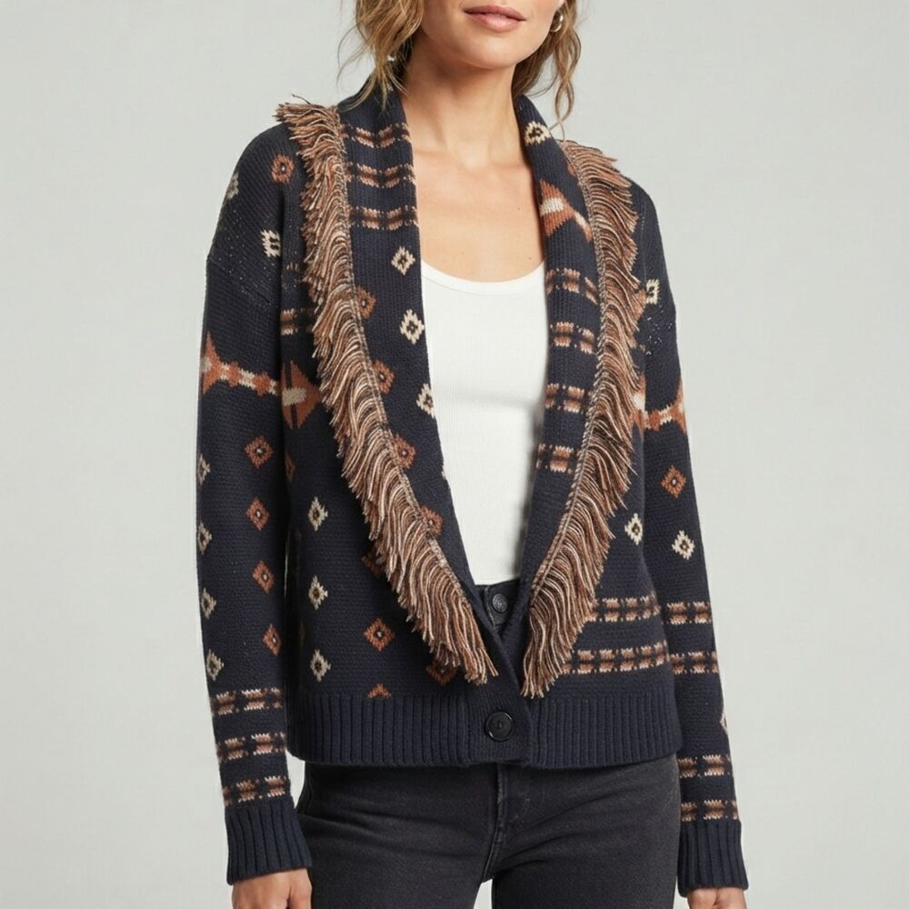 Pendleton Navy Blue Aztec Southwestern Fringe Shawl Collar Cardigan XXS